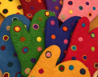 Felted Wool Polk-A-Dot Oven Mitts Infused with Cotton Fabric, Felt Pot Holder, Fair Trade from Nepal