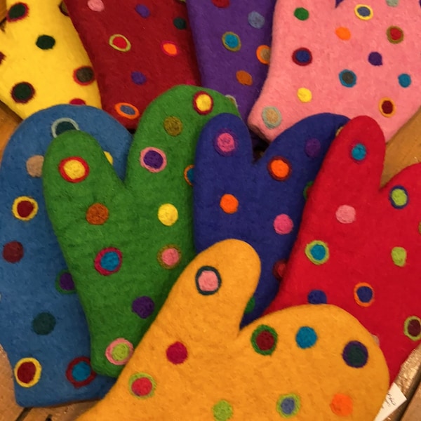 Felted Wool Polk-A-Dot Oven Mitts Infused with Cotton Fabric, Felt Pot Holder, Fair Trade from Nepal
