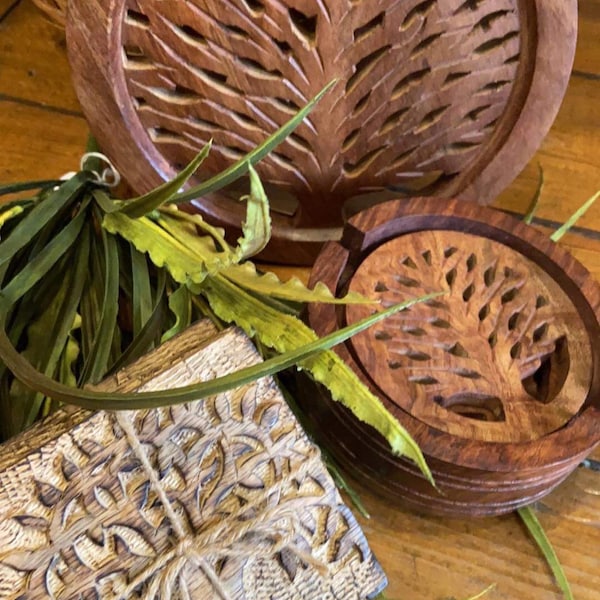 Hand-Carved Shesham Wood Wooden Tree of Life Trivets and Coasters Sets of 4, Fair Trade India
