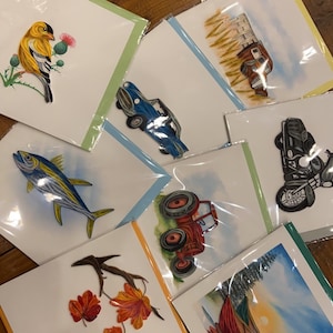 Handmade Paper Quilling Greeting Cards 6.25x6, Fair Trade Vietnam, Canoes Fall Leaves Goldfinch Tractor ‘57 Chevy Tractor Motorcycle Daisies