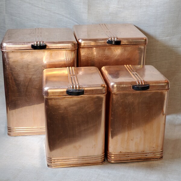 4 Vintage Kreamer Copper Coated Canisters- Art Deco - Lidded Copper Canisters
