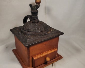 Vintage Coffee Mill Grinder with Cast Iron Top Wood Base (1997)