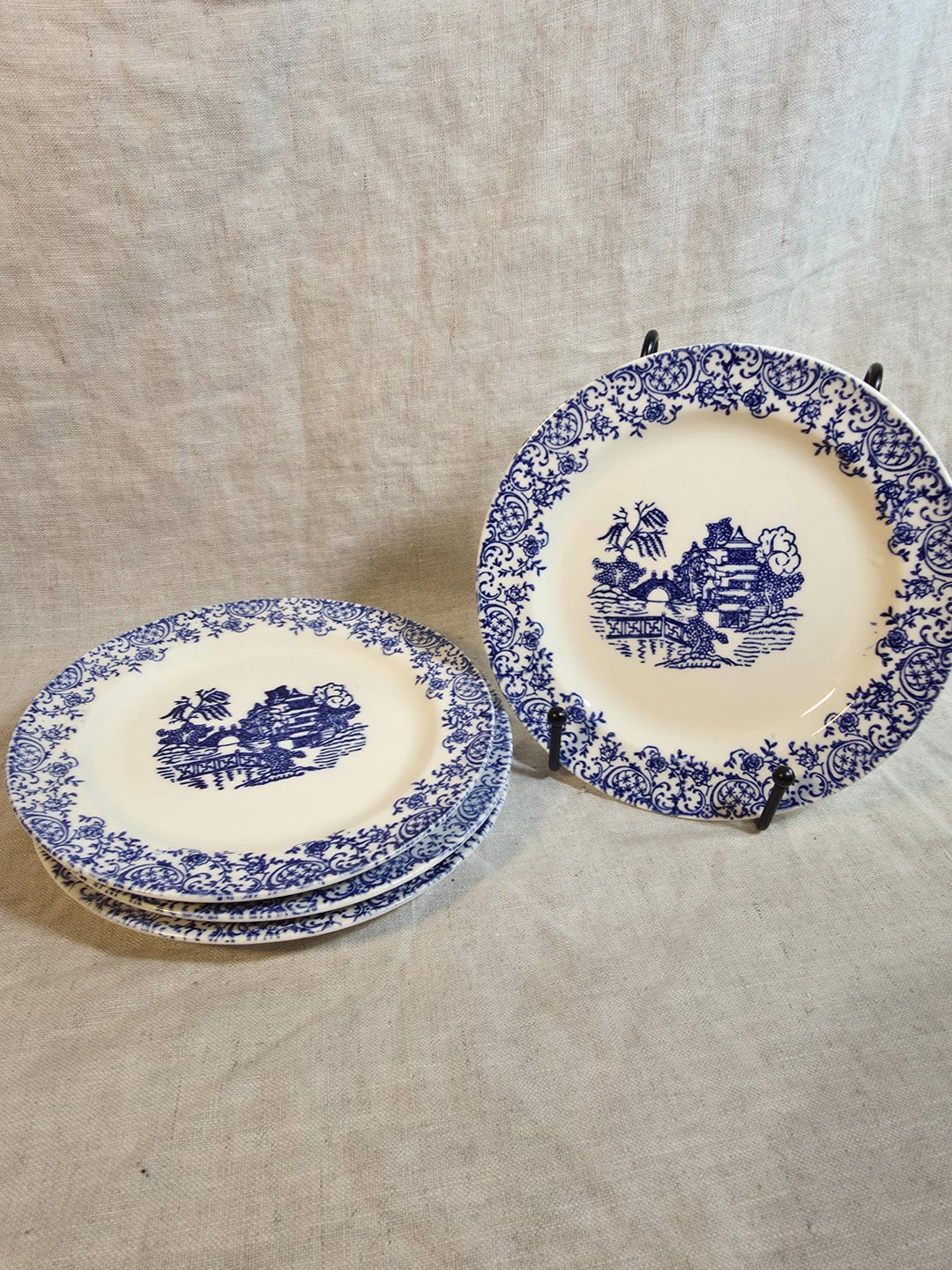 Set of 4 Dessert/bread Plates Blue White Transfer Chinoiserie Landscape ...