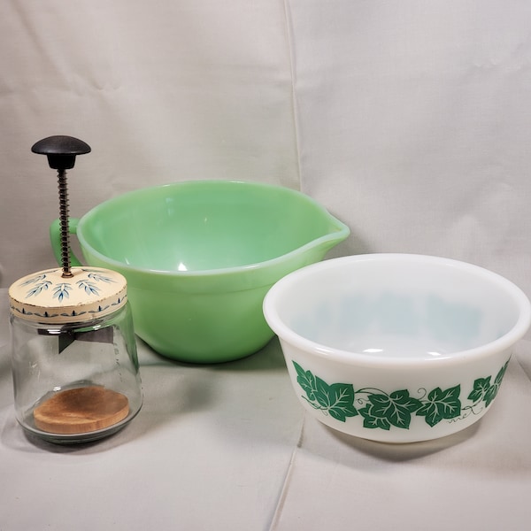 Vintage Farmhouse Kitchen Set- Fire King Jadeite batter bowl/ chopper/Hazal bowl