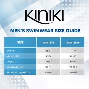 May include: A size chart for men's swimwear, showing waist measurements in inches and centimeters. The chart includes sizes from small to extra extra large.