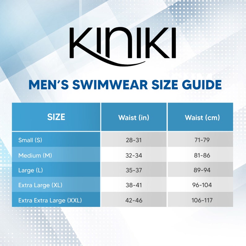 May include: A size chart for men's swimwear, showing waist measurements in inches and centimeters. The chart includes sizes from small to extra extra large.