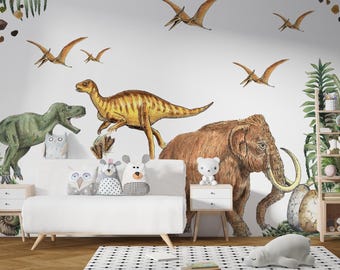 Giant Jurassic Dinosaur Mammoth Wall Decal Set, Prehistoric Nursery Decor, Kids Room Mural