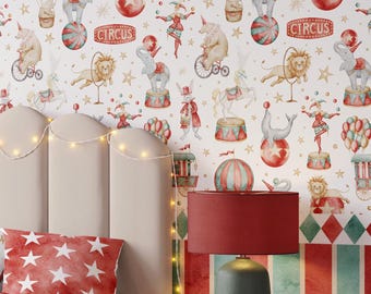Circus Animals Wall Mural Vintage Carnival Nursery Wallpaper Elephant Bear Lion Custom Size Decor