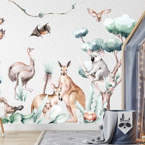 Australian Animals Wall Decals, Giant Nursery Wall Decal, Kangaroo, Koala, Bat, Emu, Platypus Wall Stickers,Peel And Stick Wall Mural