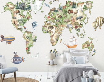 World Map Wall Decal, Animals World Map Wall Sticker, Kids Room Wall Decal, World Map Wall Stickers, Educational Christmas Gift For Kids