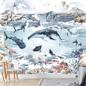 Carta da parati oceano per bambini, carta da parati mare, decalcomania mare per bambini, murale oceano, carta da parati per camerette, carta da parati vita marina, decorazioni per pareti per bambini