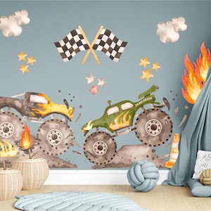 Naklejka ścienna Grave Digger Monster Trucks, Naklejka ścienna Monster Trucks dla chłopców, Naklejki ścienne Monster Trucks do pokoju dziecięcego