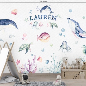 Ocean Whale Wall Decal, Personalized Underwater Nursery Decal, Ocean Wall Stickers, Whale Wall Sticker, Customized Name Decal, Under The Sea