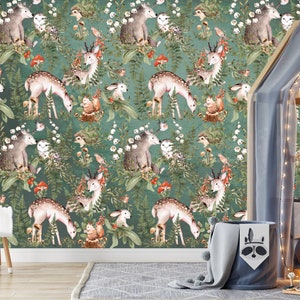 Woodland Wallpaper for kids, Forest Animals Wallpaper, Forest Wallpaper for children, Woodland Wall Mural, Wildlife  Wallpaper for kids room