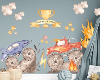 Monster Truck Stunt Graphics, Giant Tire Racing Textile Clings, Offroad Action Room Mural