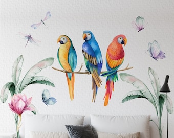 Tropical Parrot Wall Decal for Kids and Nursery with Butterflies, Dragonflies,  removable sticker, peel and stick, Parrot wall sticker