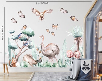 Nursery wall decals AUSTRALIAN ANIMALS with Ostrich, Owl, Ornitorrinco, Greenery, Butterflies on ECO Textile reusable sticker for kids room