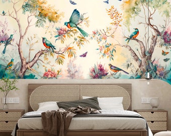 Papier peint à fleurs avec oiseaux, papier peint original, autocollant, papier peint réutilisable, décoration murale oiseaux, papier peint fée, papier peint pour enfant