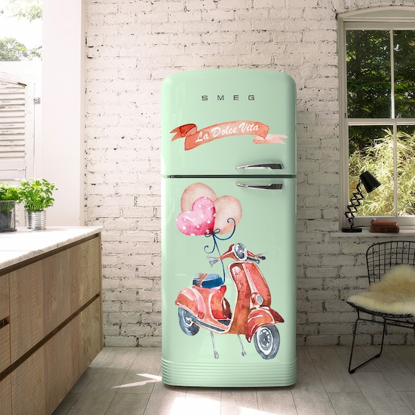 Vespa Kühlschrank Aufkleber, Kühlschranktür Aufkleber, Küchendekor, wasserdichter Aufkleber, entfernbarer Aufkleber, Schälen und Aufkleben, Küchenkühlschrank Aufkleber