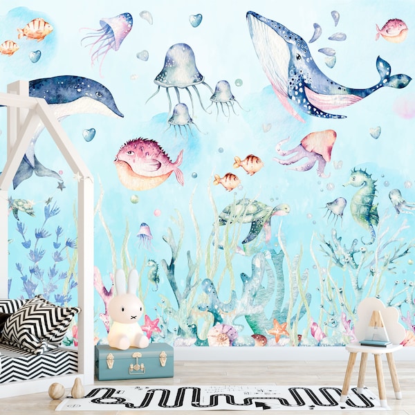 Ocean Wallpaper for kids, Wallpaper for kids, Kids Wallpaper, Watercolor Wall Mural, Kids Playroom Wall Decor,  Sea World Wallpaper,