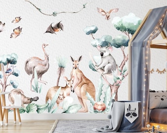 Australian Animals Wall Decals, Giant Nursery Wall Decal, Kangaroo, Koala, Bat, Emu, Platypus Wall Stickers,Peel And Stick Wall Mural