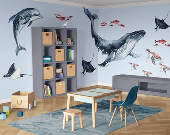 Ocean Life Wall Decal, Whale Wall Decal, Dolphin Wall Stickers, Ocean Nursery Wall Stickers, Kids Wall Stickers, Under The Sea Wall Decal