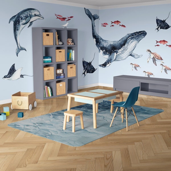 Ocean Life Wall Decal, Whale Wall Decal, Dolphin Wall Stickers, Ocean Nursery Wall Stickers, Kids Wall Stickers, Under The Sea Wall Decal