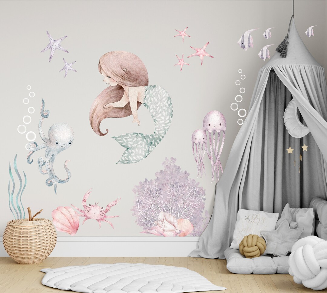 Mermaid Wall Decals Watercolor Ocean Nursery Decor Girls Bedroom Kids ...