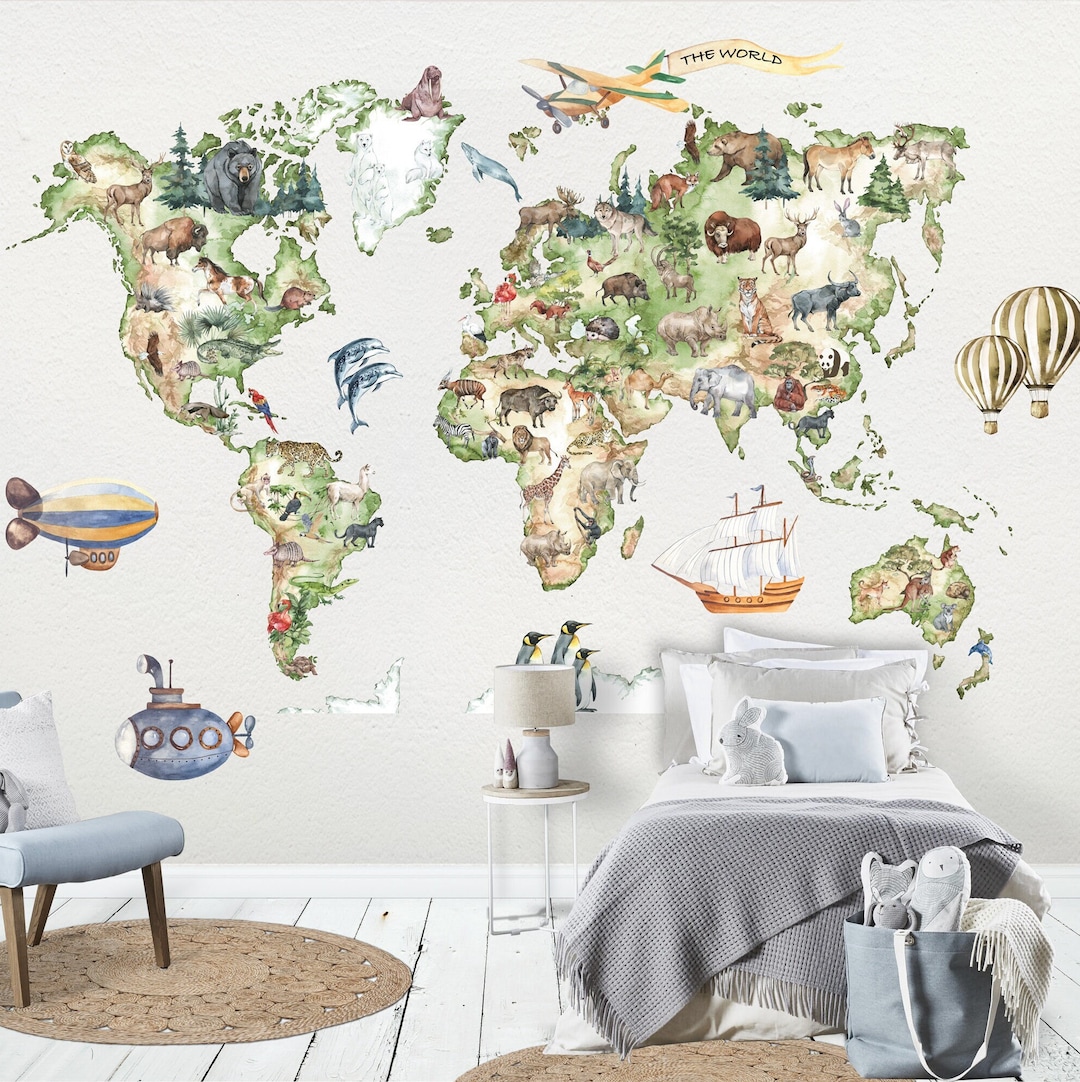 World Map Wall Decal Animals World Map Wall Tattoo Kids Room - Etsy New ...