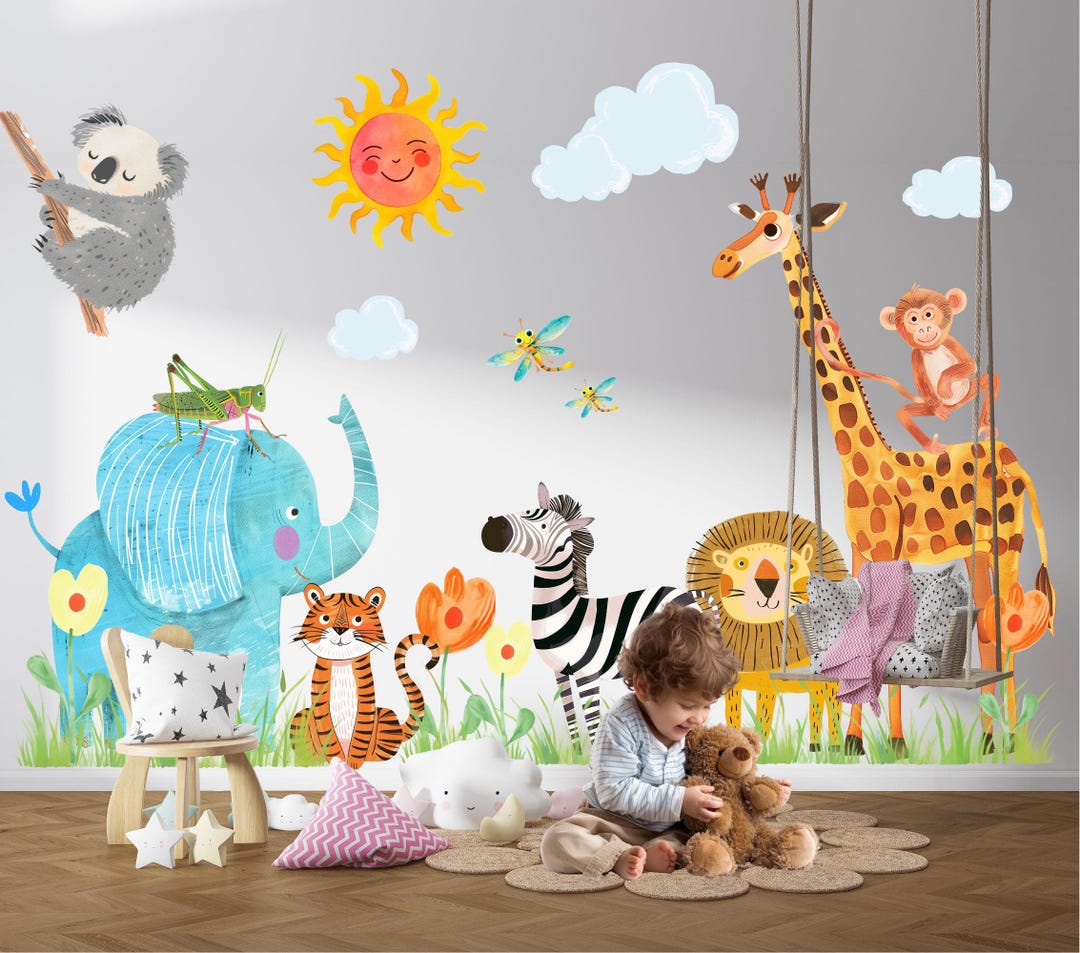 Watercolor Jungle Animal Wall Decals – Safari Lion Elephant Giraffe ...