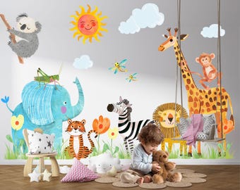 Aquarell Dschungel Tier Wandtattoos, Safari Löwe Elefant Giraffe Kinderzimmer Aufkleber Stoff Schlafzimmer
