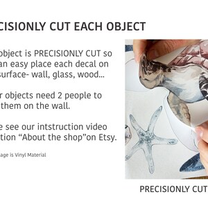 May include: A close-up of a hand peeling a vinyl decal featuring a watercolor sea turtle and starfish. The text "PRECISIONLY CUT EACH OBJECT" is visible, along with instructions for application on various surfaces.