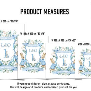May include: Four different sized prints with a Peter Rabbit theme, featuring a blue and white color scheme. The prints are labeled with measurements in inches and centimeters. The text includes "Happy Birthday" and the name "Leo".