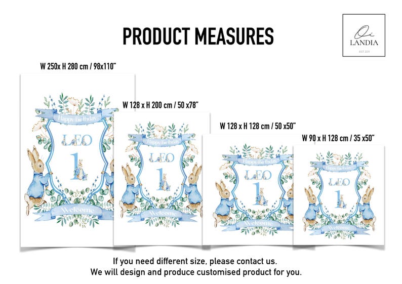 May include: Four different sized prints with a Peter Rabbit theme, featuring a blue and white color scheme. The prints are labeled with measurements in inches and centimeters. The text includes "Happy Birthday" and the name "Leo".