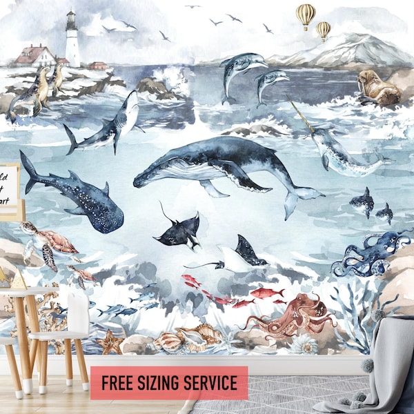 Shark and Dolphin Wall Mural Octopus Stingray Ocean Nursery Wallpaper Under the Sea Decor