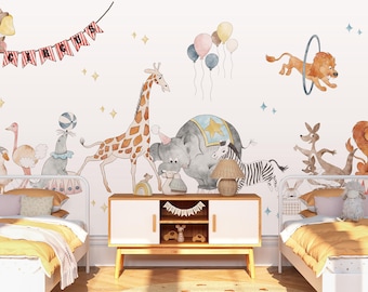 Hand-Painted Watercolor Circus Animals Nursery Wall Decals, Woodland Peel & Stick Stickers