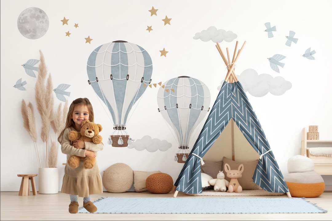 Watercolor Hot Air Balloon Wall Decal, Nursery Sticker, Fabric Baby ...
