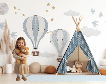 Watercolor Hot Air Balloon Wall Decal, Nursery Sticker, Fabric Baby Bedroom Playroom Decor