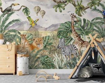 Safari Wallpaper for Kids Room, Exotic Animals for Nursery