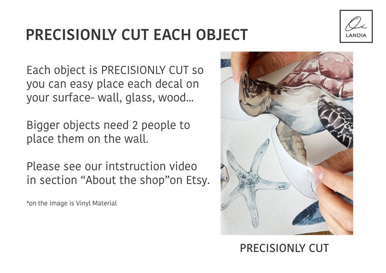 May include: A hand carefully peels a vinyl decal depicting a sea turtle and starfish, with the text "PRECISIONLY CUT EACH OBJECT". Instructions are provided for applying the decal to surfaces like walls and glass.