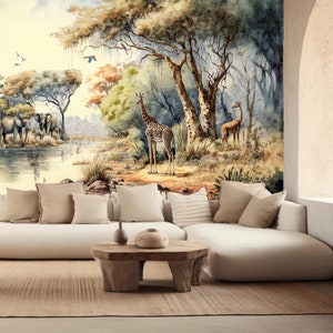 Carta da parati con paesaggio safari, murale da parete safari, stacca e attacca, murale da parete con fauna selvatica, carta da parati con giungla, carta da parati con paesaggio africano,