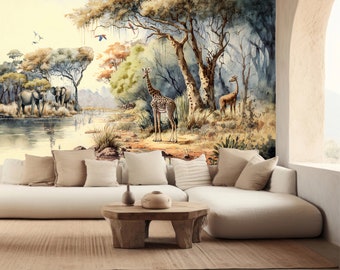 Safari Landscape Wallpaper, Safari Wall Mural, Peel And Stick, Wildlife Wall Mural, Jungle Wall Covering, African Landscape Wallpaper,