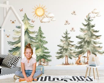Forest Tree Wall Decals, Woodland Nursery Stickers, Squirrel Nature Scene Watercolor Fabric Bedroom