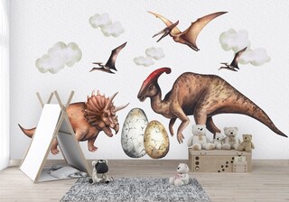 Adesivo Murale Dinosauro Triceratopo Verde 53x27 Cm - Decorazione Parete Cameretta Bambini, Vinile Resistente UV, Rimovibile, Disegnato A Mano