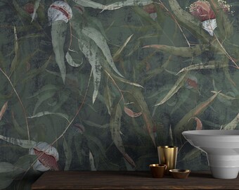 Tropical Branches Wallpaper | Green Eucalyptus leaves and flowers Wallpaper | Peel And Stick or Unpasted Wallpaper