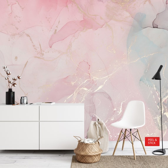 Marble Wallpaper Pink and Gold Wall Mural Peel and Stick Etsy
