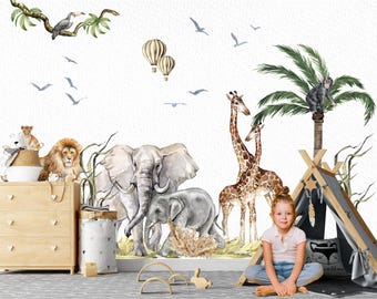 Safari Animal Family Wall Decals, Watercolor Lion Elephant Giraffe Nursery Room Stickers Fabric Bedroom