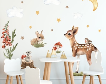 Woodland Wall Decal, Fairy Forest Animals Wall Decal, Doe, Rabbit, Hedgehog, Mouse Wall Stickers, Animals Wall Decal, Trees Wall Decal,