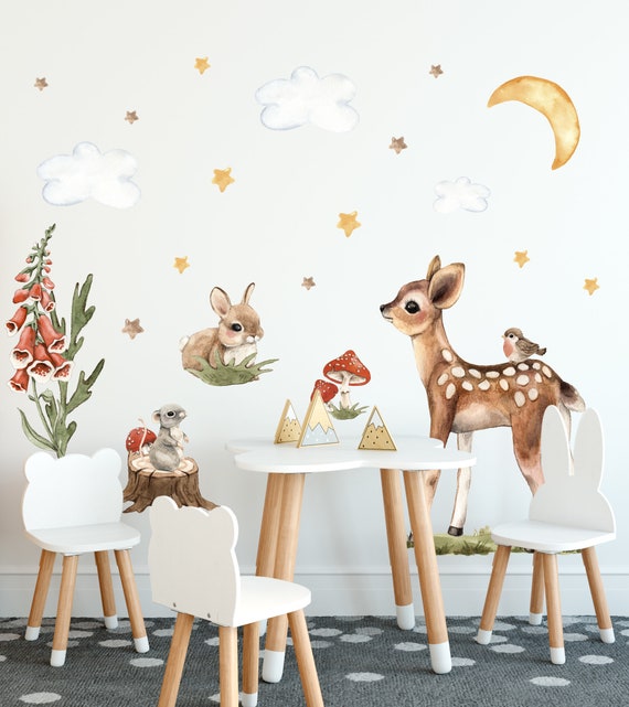Watercolor Woodland Animals Wall Decals, Forest Nursery Wall Stickers, Eco Friendly Kids Room Fabric