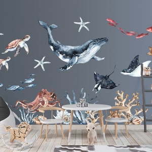 Sticker mural océan avec baleine, méduses, tortues, coraux pour enfants, Sticker mural baleine dans l'océan pour enfants baleine, méduses, tortues, coraux. image 4